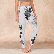 Buddha Stones Black White Rose Gym Leggings Women's Yoga Pants