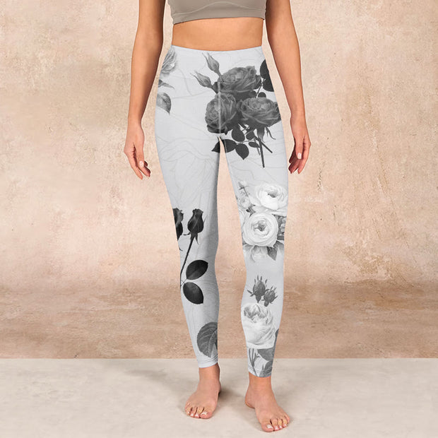 Buddha Stones Black White Rose Gym Leggings Women's Yoga Pants Leggings BS 1