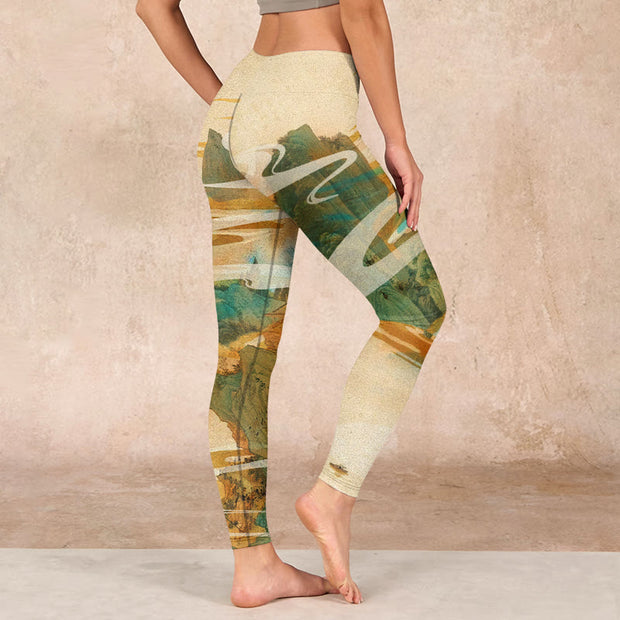 Buddha Stones Green Mountains Clouds Mist Print Fitness Leggings Women's Yoga Pants