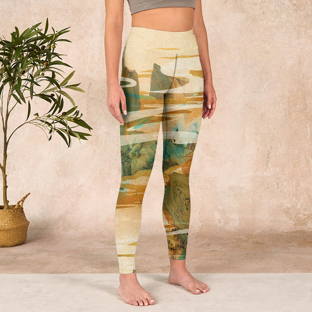 Buddha Stones Green Mountains Clouds Mist Print Fitness Leggings Women's Yoga Pants Leggings BS 3