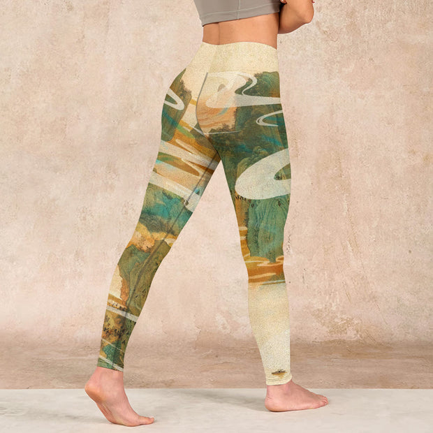 Buddha Stones Green Mountains Clouds Mist Print Fitness Leggings Women's Yoga Pants Leggings BS 4