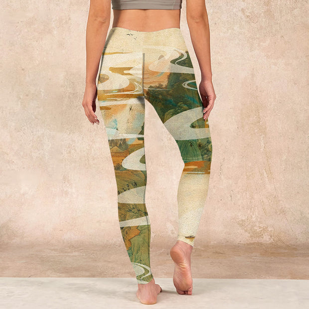 Buddha Stones Green Mountains Clouds Mist Print Fitness Leggings Women's Yoga Pants Leggings BS 15