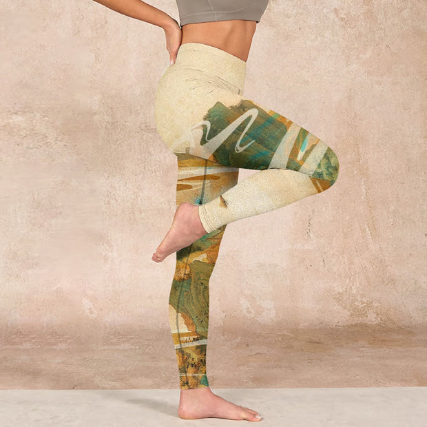 Buddha Stones Green Mountains Clouds Mist Print Fitness Leggings Women's Yoga Pants Leggings BS 16