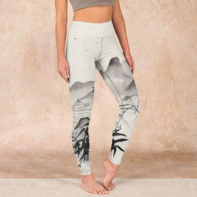 Buddha Stones Ink Bamboo Mountains Print Gym Leggings Women's Yoga Pants - Ivory - US18，UK/AU22，EU50 (4XL) - image 1