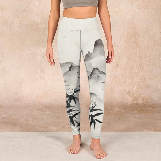 Buddha Stones Ink Bamboo Mountains Print Gym Leggings Women's Yoga Pants