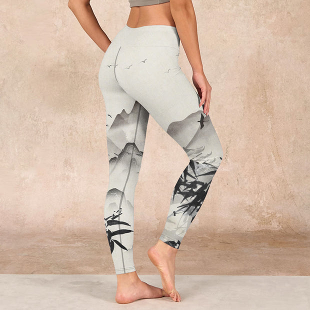 Buddha Stones Ink Bamboo Mountains Print Gym Leggings Women's Yoga Pants - image 3
