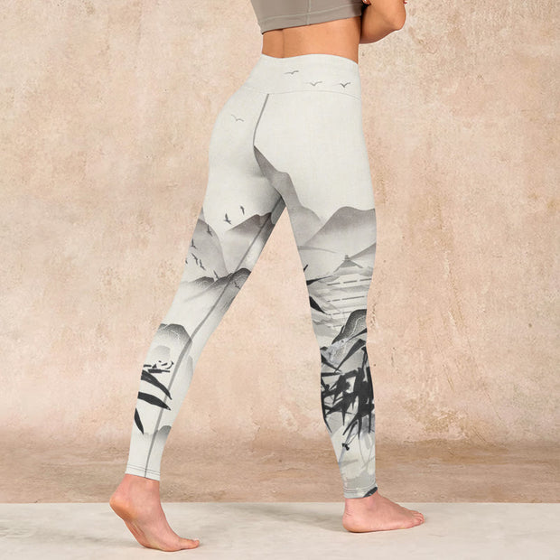 Buddha Stones Ink Bamboo Mountains Print Gym Leggings Women's Yoga Pants