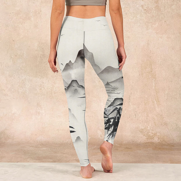 Buddha Stones Ink Bamboo Mountains Print Gym Leggings Women's Yoga Pants - image 15
