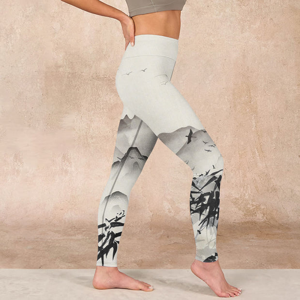 Buddha Stones Ink Bamboo Mountains Print Gym Leggings Women's Yoga Pants Leggings BS 16