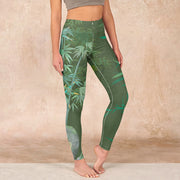 Buddha Stones Green Bamboo Rock Flower Print Gym Leggings Women's Yoga Pants Leggings BS SeaGreen US18，UK/AU22，EU50 (4XL)