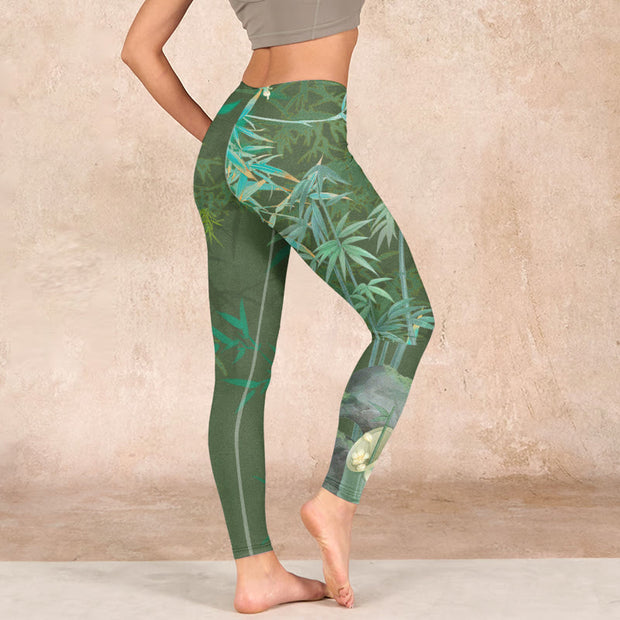 Buddha Stones Green Bamboo Rock Flower Print Gym Leggings Women's Yoga Pants - image 3
