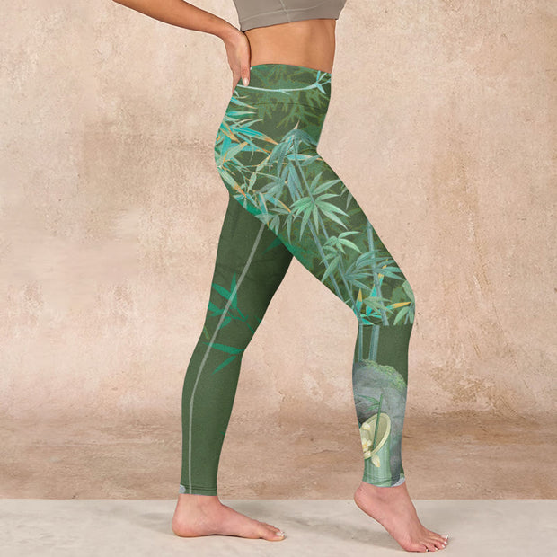 Buddha Stones Green Bamboo Rock Flower Print Gym Leggings Women's Yoga Pants Leggings BS 17