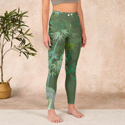 Buddha Stones Green Bamboo Rock Flower Print Gym Leggings Women's Yoga Pants Leggings BS 3