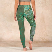 Buddha Stones Green Bamboo Rock Flower Print Gym Leggings Women's Yoga Pants