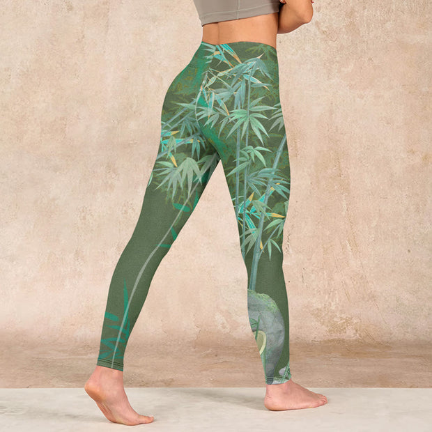 Buddha Stones Green Bamboo Rock Flower Print Gym Leggings Women's Yoga Pants