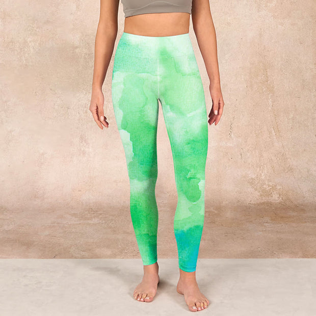 Buddha Stones Green Ink Wash Pattern Gym Leggings Women's Yoga Pants Leggings BS 1