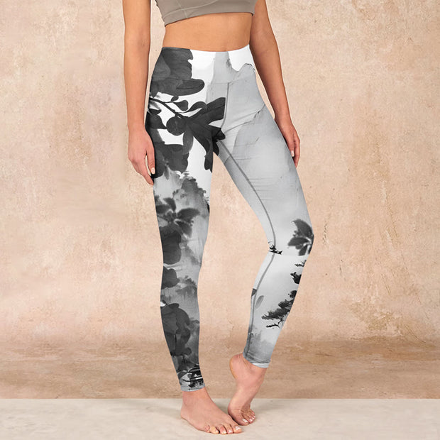 Buddha Stones Ink Painting Trees Mountains Scenery Print Gym Leggings Women's Yoga Pants