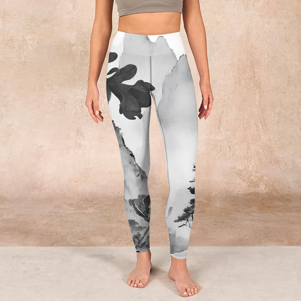 Buddha Stones Ink Painting Trees Mountains Scenery Print Gym Leggings Women's Yoga Pants