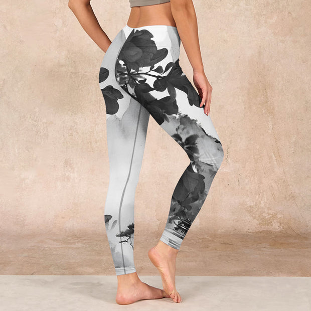 Buddha Stones Ink Painting Trees Mountains Scenery Print Gym Leggings Women's Yoga Pants - image 3