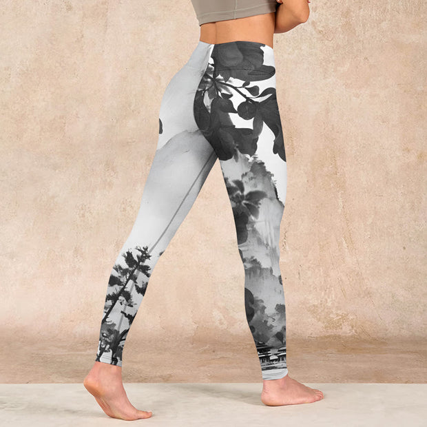 Buddha Stones Ink Painting Trees Mountains Scenery Print Gym Leggings Women's Yoga Pants - image 5