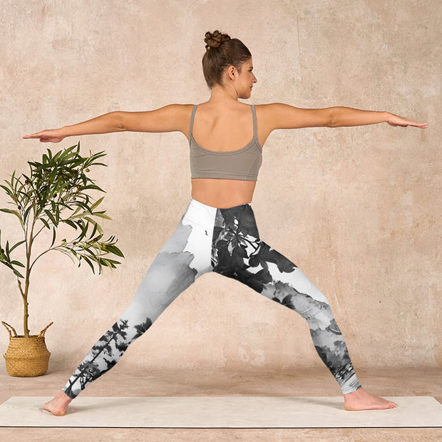 Buddha Stones Ink Painting Trees Mountains Scenery Print Gym Leggings Women's Yoga Pants - image 12