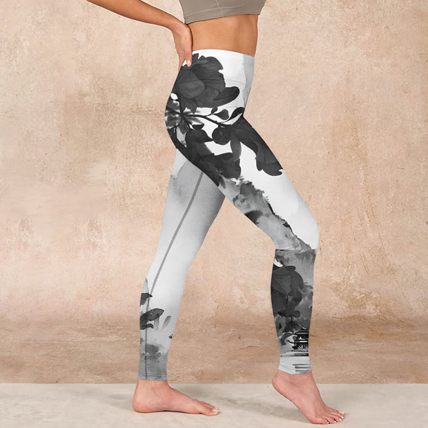 Buddha Stones Ink Painting Trees Mountains Scenery Print Gym Leggings Women's Yoga Pants