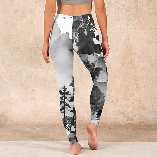 Buddha Stones Ink Painting Trees Mountains Scenery Print Gym Leggings Women's Yoga Pants - image 15