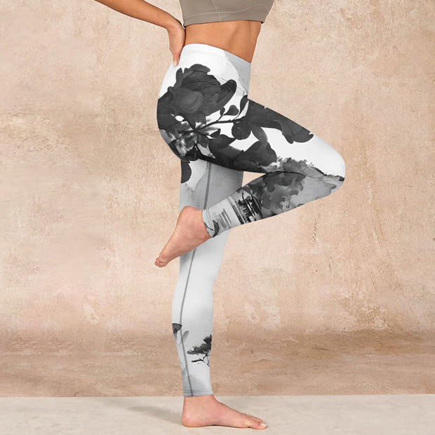 Buddha Stones Ink Painting Trees Mountains Scenery Print Gym Leggings Women's Yoga Pants - image 16