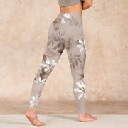 Buddha Stones White Brown Flowers Pattern Gym Leggings Women's Yoga Pants