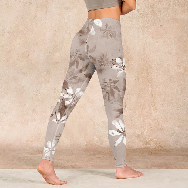 Buddha Stones White Brown Flowers Pattern Gym Leggings Women's Yoga Pants