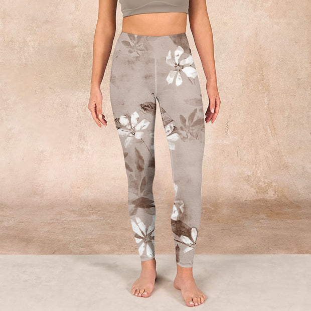 Buddha Stones White Brown Flowers Pattern Gym Leggings Women's Yoga Pants