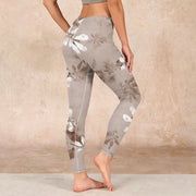 Buddha Stones White Brown Flowers Pattern Gym Leggings Women's Yoga Pants Leggings BS 2