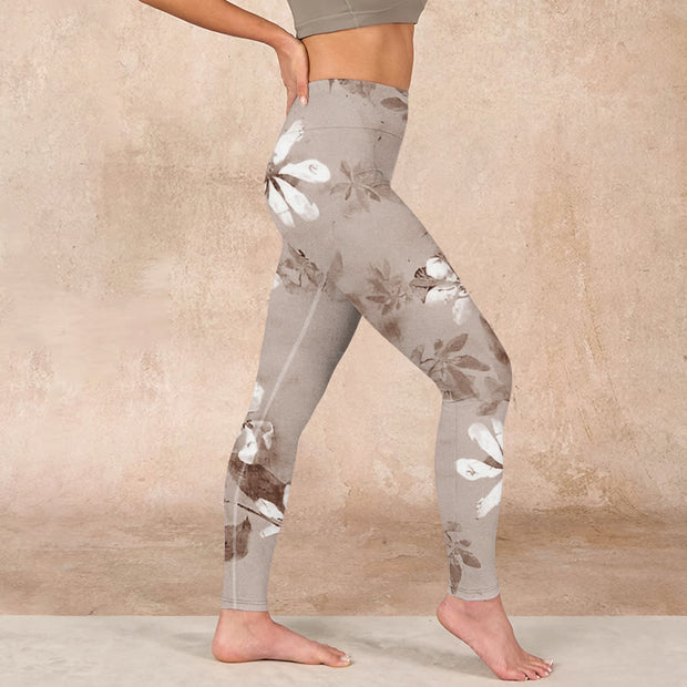 Buddha Stones White Brown Flowers Pattern Gym Leggings Women's Yoga Pants Leggings BS 17