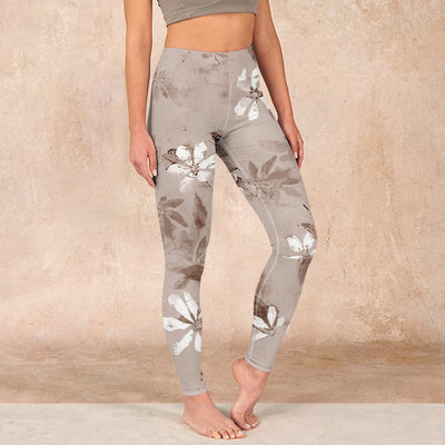 Buddha Stones White Brown Flowers Pattern Gym Leggings Women's Yoga Pants Leggings BS BurlyWood US18，UK/AU22，EU50 (4XL)