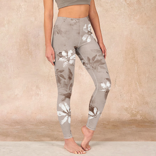 Buddha Stones White Brown Flowers Pattern Gym Leggings Women's Yoga Pants