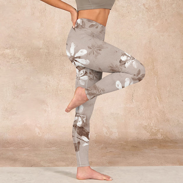 Buddha Stones White Brown Flowers Pattern Gym Leggings Women's Yoga Pants Leggings BS 16