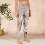 Buddha Stones White Brown Flowers Pattern Gym Leggings Women's Yoga Pants Leggings BS 3