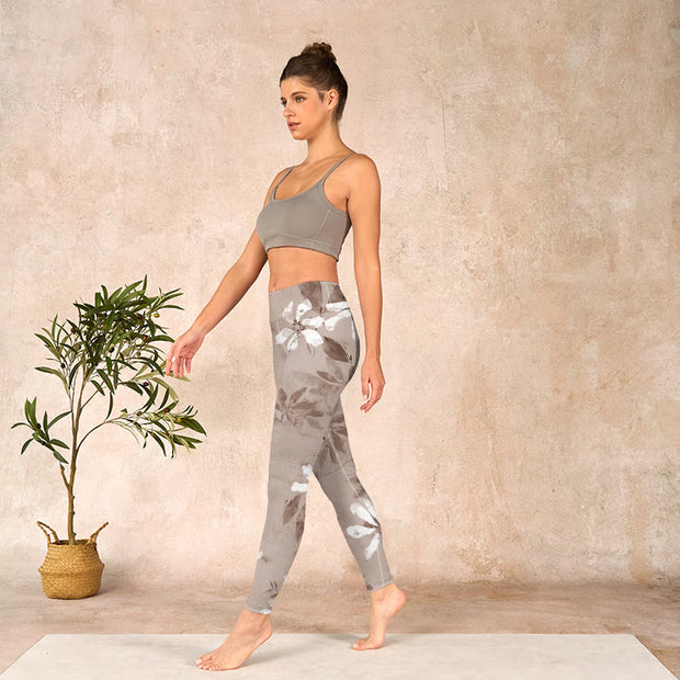 Buddha Stones White Brown Flowers Pattern Gym Leggings Women's Yoga Pants - image 14