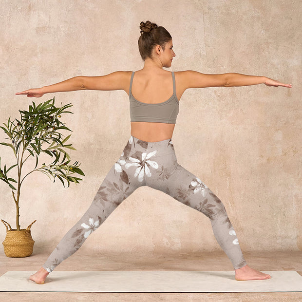 Buddha Stones White Brown Flowers Pattern Gym Leggings Women's Yoga Pants