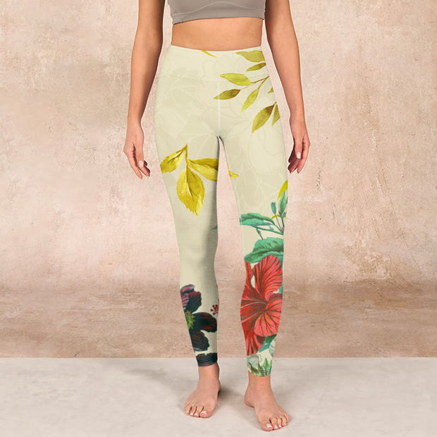 Buddha Stones Golden Green Leaves Colorful Flowers Gym Leggings Women's Yoga Pants