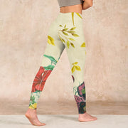 Buddha Stones Golden Green Leaves Colorful Flowers Gym Leggings Women's Yoga Pants Leggings BS 4