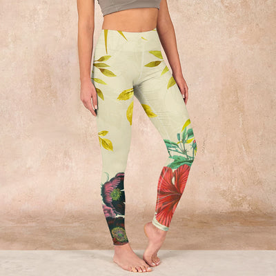 Buddha Stones Golden Green Leaves Colorful Flowers Gym Leggings Women's Yoga Pants Leggings BS Khaki US18，UK/AU22，EU50 (4XL)