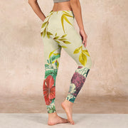 Buddha Stones Golden Green Leaves Colorful Flowers Gym Leggings Women's Yoga Pants