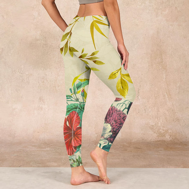 Buddha Stones Golden Green Leaves Colorful Flowers Gym Leggings Women's Yoga Pants Leggings BS 2