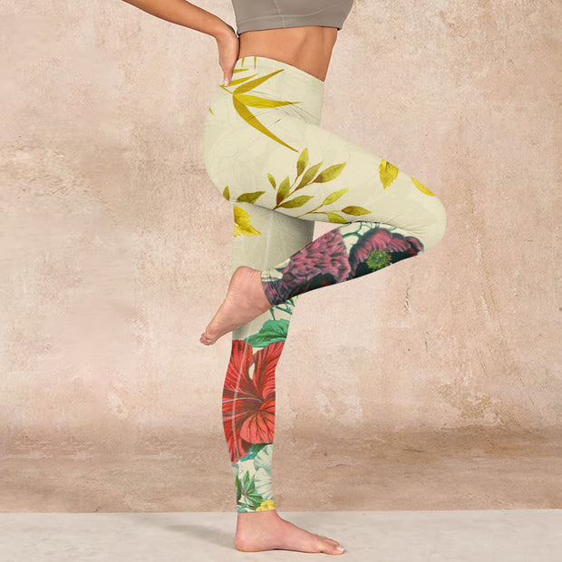 Buddha Stones Golden Green Leaves Colorful Flowers Gym Leggings Women's Yoga Pants Leggings BS 16