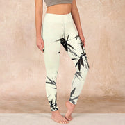 Buddha Stones Ink Painting Bamboo Leaves Print Sports Leggings Women's Yoga Pants