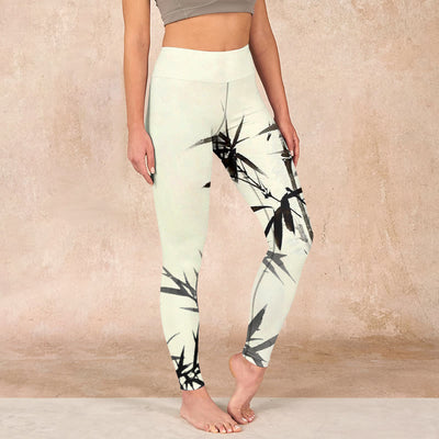 Buddha Stones Ink Painting Bamboo Leaves Print Sports Leggings Women's Yoga Pants - Cornsilk - US18，UK/AU22，EU50 (4XL) - image 1