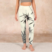 Buddha Stones Ink Painting Bamboo Leaves Print Sports Leggings Women's Yoga Pants Leggings BS 1