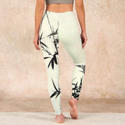 Buddha Stones Ink Painting Bamboo Leaves Print Sports Leggings Women's Yoga Pants Leggings BS 15