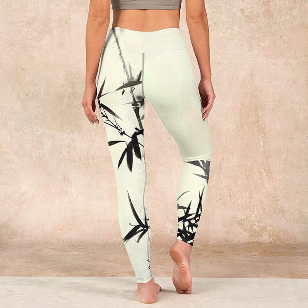 Buddha Stones Ink Painting Bamboo Leaves Print Sports Leggings Women's Yoga Pants Leggings BS 15